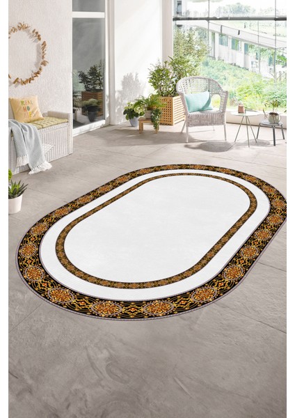 Dijital Kaymaz Yıkanabilir Çerçeveli Oval Yolluk Mutfak Salon Halısı, N-O-Çerçeveli-48-Beyaz,