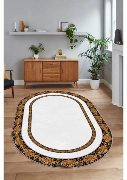 Dijital Kaymaz Yıkanabilir Çerçeveli Oval Yolluk Mutfak Salon Halısı, N-O-Çerçeveli-48-Beyaz,