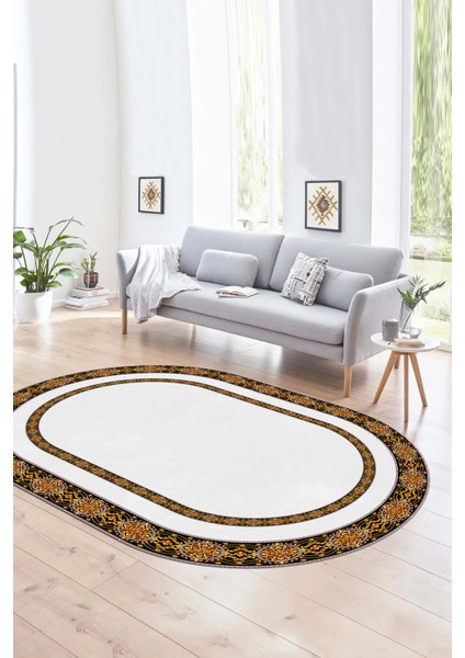 Dijital Kaymaz Yıkanabilir Çerçeveli Oval Yolluk Mutfak Salon Halısı, N-O-Çerçeveli-48-Beyaz,