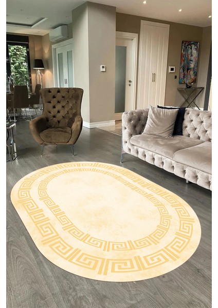 Dijital Kaymaz Yıkanabilir Çerçeveli Oval Yolluk Mutfak Salon Halısı, N-O-Çerçeveli-05-Krem,
