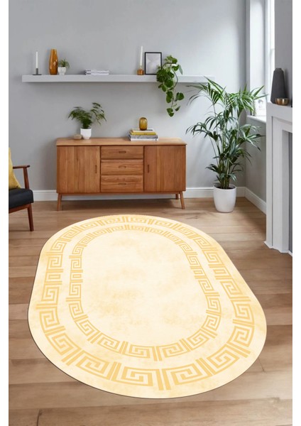 Dijital Kaymaz Yıkanabilir Çerçeveli Oval Yolluk Mutfak Salon Halısı, N-O-Çerçeveli-05-Krem,