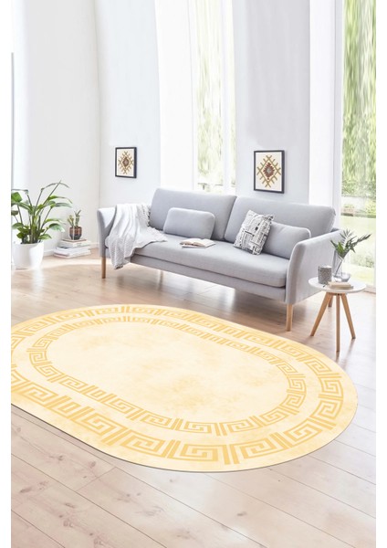 Dijital Kaymaz Yıkanabilir Çerçeveli Oval Yolluk Mutfak Salon Halısı, N-O-Çerçeveli-05-Krem,