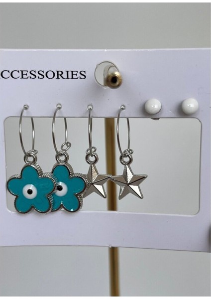 Turkuaz Beyaz Silver 6lı Çoklu Halkalı Sallantılı Küpe Set Takım