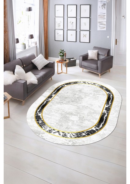 Dijital Kaymaz Yıkanabilir Çerçeveli Oval Yolluk Mutfak Salon Halısı, N-O-Çerçeveli-18-Krem,