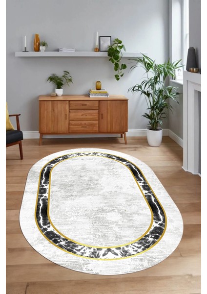 Dijital Kaymaz Yıkanabilir Çerçeveli Oval Yolluk Mutfak Salon Halısı, N-O-Çerçeveli-18-Krem, fırsatları
