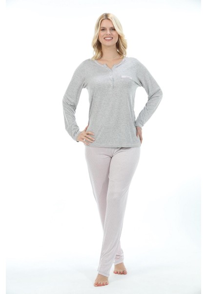 Bambu, Uzun Kol,düğmeli Yaka Kadın Pijama Takımı Gri