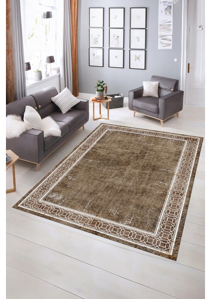 Dijital Baskılı Kaymaz Yıkanabilir Çerçeveli Yolluk Mutfak Salon Halısı, N-Çerçeveli-31-Kahve,