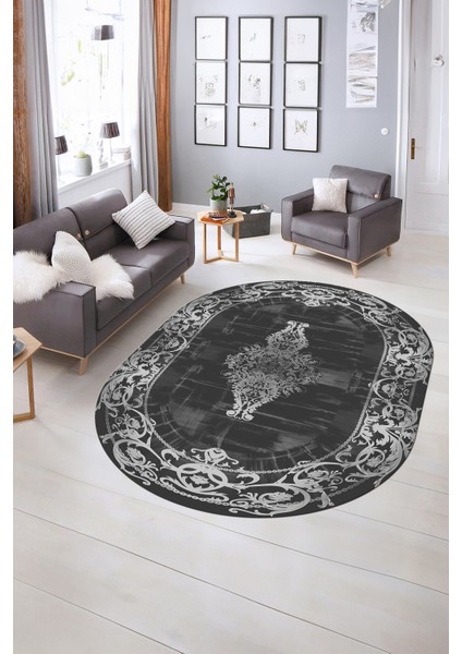 Dijital Kaymaz Yıkanabilir Çerçeveli Oval Yolluk Mutfak Salon Halısı, N-O-Çerçeveli-19-Antrasit,