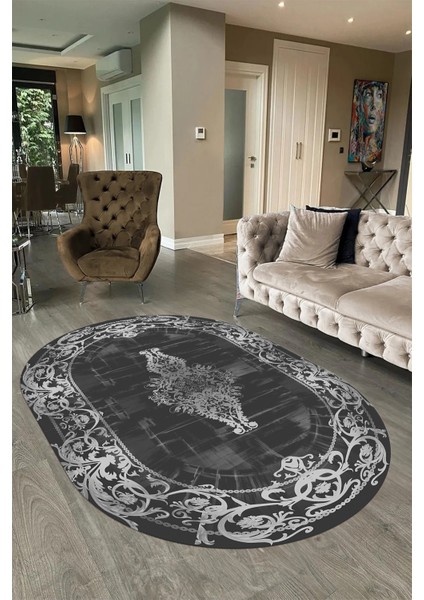 Dijital Kaymaz Yıkanabilir Çerçeveli Oval Yolluk Mutfak Salon Halısı, N-O-Çerçeveli-19-Antrasit, modelleri