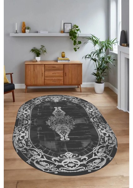 Dijital Kaymaz Yıkanabilir Çerçeveli Oval Yolluk Mutfak Salon Halısı, N-O-Çerçeveli-19-Antrasit, fırsatları