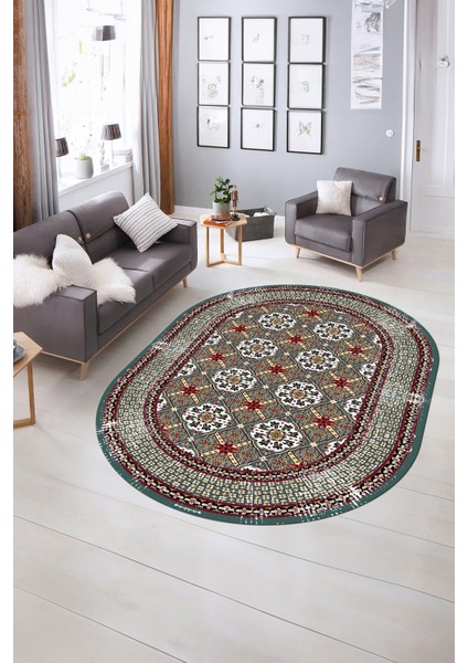 Dijital Kaymaz Yıkanabilir Çerçeveli Oval Yolluk Mutfak Salon Halısı, N-O-Çerçeveli-26-Renkli,