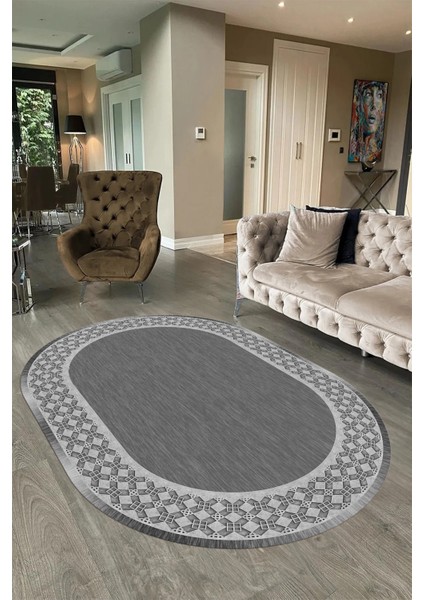 Dijital Kaymaz Yıkanabilir Çerçeveli Oval Yolluk Mutfak Salon Halısı, N-O-Çerçeveli-29-Gri, modelleri