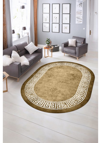 Dijital Kaymaz Yıkanabilir Çerçeveli Oval Yolluk Mutfak Salon Halısı, N-O-Çerçeveli-36-Kahve,