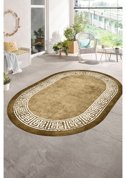 Dijital Kaymaz Yıkanabilir Çerçeveli Oval Yolluk Mutfak Salon Halısı, N-O-Çerçeveli-36-Kahve,