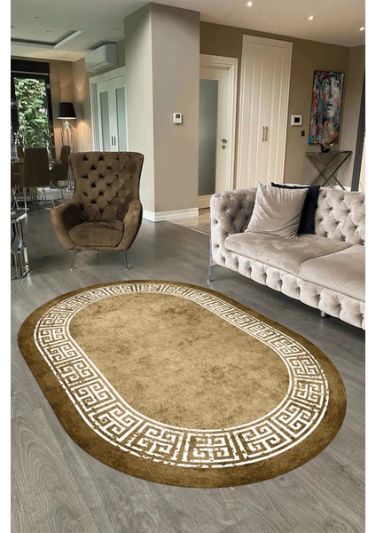Dijital Kaymaz Yıkanabilir Çerçeveli Oval Yolluk Mutfak Salon Halısı, N-O-Çerçeveli-36-Kahve,