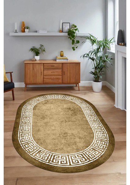 Dijital Kaymaz Yıkanabilir Çerçeveli Oval Yolluk Mutfak Salon Halısı, N-O-Çerçeveli-36-Kahve,