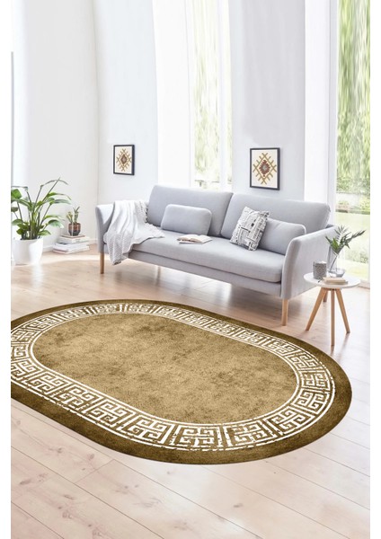 Dijital Kaymaz Yıkanabilir Çerçeveli Oval Yolluk Mutfak Salon Halısı, N-O-Çerçeveli-36-Kahve,