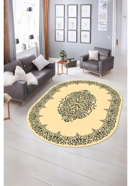 Dijital Kaymaz Yıkanabilir Çerçeveli Oval Yolluk Mutfak Salon Halısı, N-O-Çerçeveli-22-Krem,