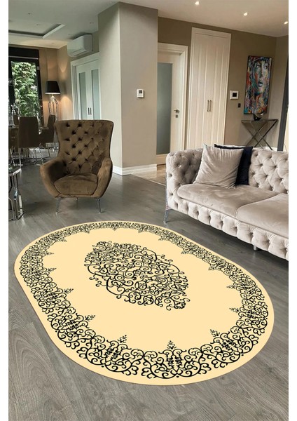 Dijital Kaymaz Yıkanabilir Çerçeveli Oval Yolluk Mutfak Salon Halısı, N-O-Çerçeveli-22-Krem, modelleri