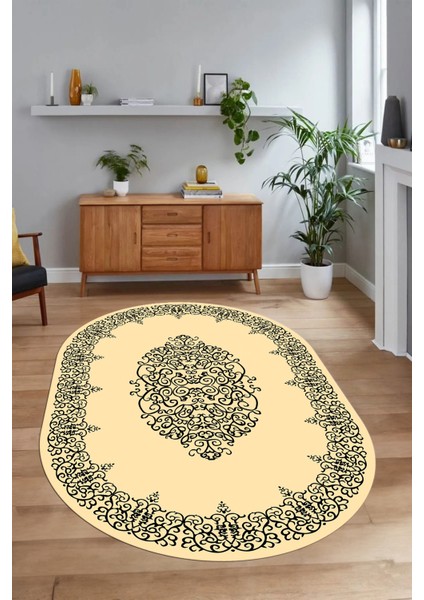 Dijital Kaymaz Yıkanabilir Çerçeveli Oval Yolluk Mutfak Salon Halısı, N-O-Çerçeveli-22-Krem, fırsatları