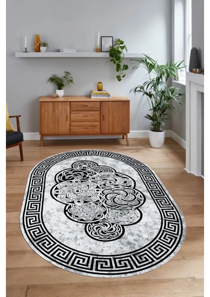 Dijital Kaymaz Yıkanabilir Çerçeveli Oval Yolluk Mutfak Salon Halısı, N-O-Çerçeveli-04-Siyah, fırsatları