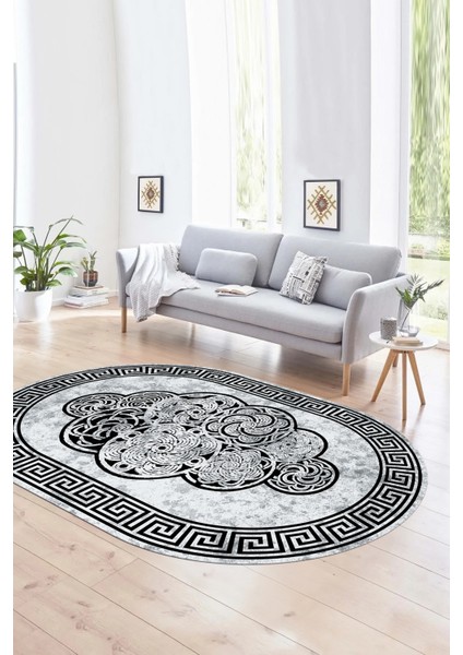 Dijital Kaymaz Yıkanabilir Çerçeveli Oval Yolluk Mutfak Salon Halısı, N-O-Çerçeveli-04-Siyah, indirimleri