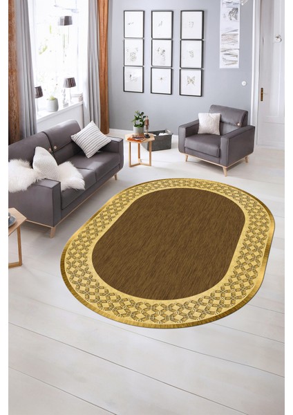 Dijital Kaymaz Yıkanabilir Çerçeveli Oval Yolluk Mutfak Salon Halısı, N-O-Çerçeveli-29-Kahve,