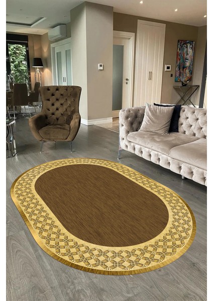 Dijital Kaymaz Yıkanabilir Çerçeveli Oval Yolluk Mutfak Salon Halısı, N-O-Çerçeveli-29-Kahve, modelleri