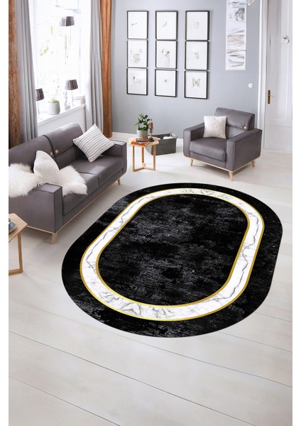 Dijital Kaymaz Yıkanabilir Çerçeveli Oval Yolluk Mutfak Salon Halısı, N-O-Çerçeveli-18-Antrasit,