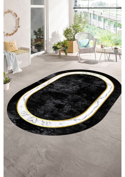 Dijital Kaymaz Yıkanabilir Çerçeveli Oval Yolluk Mutfak Salon Halısı, N-O-Çerçeveli-18-Antrasit,