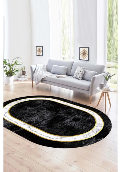 Dijital Kaymaz Yıkanabilir Çerçeveli Oval Yolluk Mutfak Salon Halısı, N-O-Çerçeveli-18-Antrasit,
