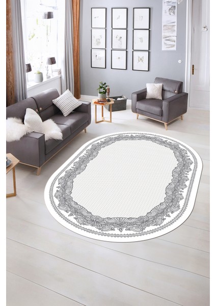 Dijital Kaymaz Yıkanabilir Çerçeveli Oval Yolluk Mutfak Salon Halısı, N-O-Çerçeveli-34-Gri,