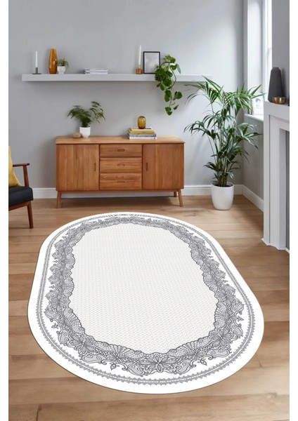 Dijital Kaymaz Yıkanabilir Çerçeveli Oval Yolluk Mutfak Salon Halısı, N-O-Çerçeveli-34-Gri, fırsatları
