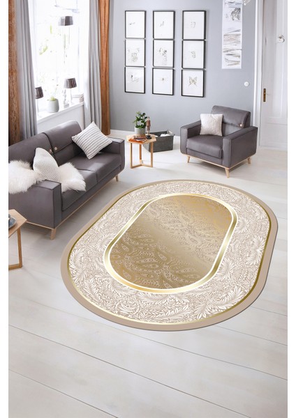 Dijital Kaymaz Yıkanabilir Çerçeveli Oval Yolluk Mutfak Salon Halısı, N-O-Çerçeveli-37-Gold,