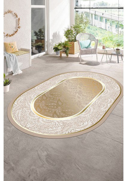 Dijital Kaymaz Yıkanabilir Çerçeveli Oval Yolluk Mutfak Salon Halısı, N-O-Çerçeveli-37-Gold,