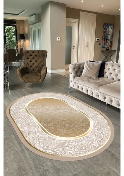 Dijital Kaymaz Yıkanabilir Çerçeveli Oval Yolluk Mutfak Salon Halısı, N-O-Çerçeveli-37-Gold,