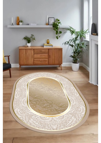 Dijital Kaymaz Yıkanabilir Çerçeveli Oval Yolluk Mutfak Salon Halısı, N-O-Çerçeveli-37-Gold,