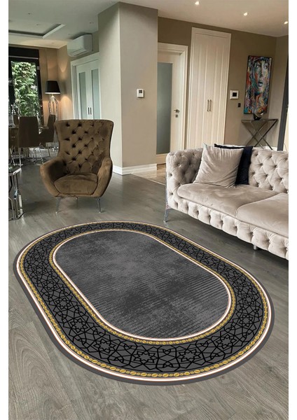Dijital Kaymaz Yıkanabilir Çerçeveli Oval Yolluk Mutfak Salon Halısı, N-O-Çerçeveli-35-Gri, modelleri