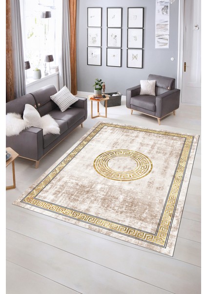 Dijital Baskılı Kaymaz Yıkanabilir Çerçeveli Yolluk Mutfak Salon Halısı, N-Çerçeveli-12-Krem,