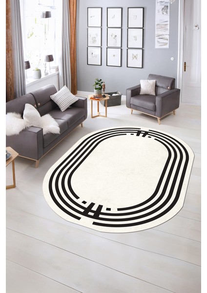 Dijital Kaymaz Yıkanabilir Çerçeveli Oval Yolluk Mutfak Salon Halısı, N-O-Çerçeveli-44-Krem,