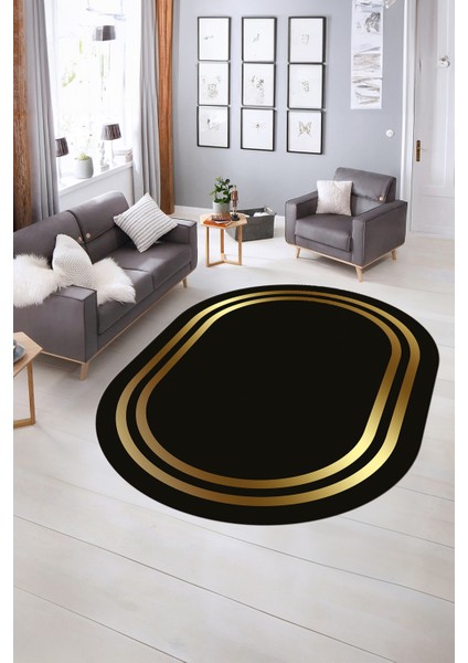 Dijital Kaymaz Yıkanabilir Çerçeveli Oval Yolluk Mutfak Salon Halısı, N-O-Çerçeveli-38-Gold,