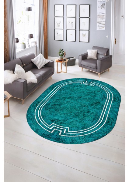 Dijital Kaymaz Yıkanabilir Çerçeveli Oval Yolluk Mutfak Salon Halısı, N-O-Çerçeveli-50-Turkuaz,