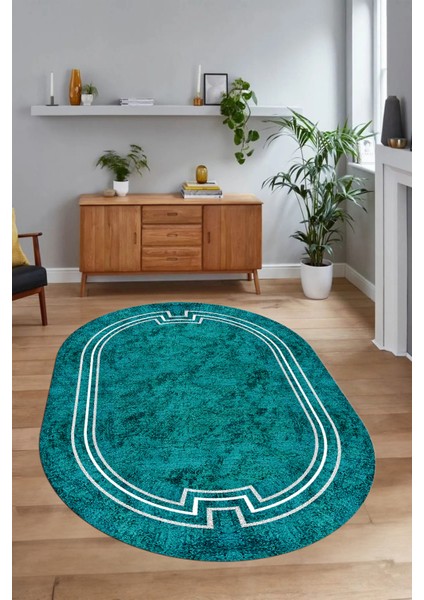 Dijital Kaymaz Yıkanabilir Çerçeveli Oval Yolluk Mutfak Salon Halısı, N-O-Çerçeveli-50-Turkuaz, fırsatları