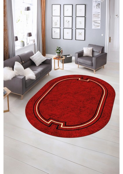 Dijital Kaymaz Yıkanabilir Çerçeveli Oval Yolluk Mutfak Salon Halısı, N-O-Çerçeveli-50-Bordo,