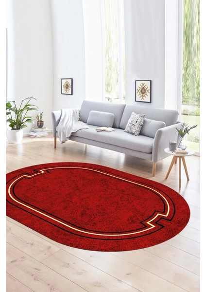 Dijital Kaymaz Yıkanabilir Çerçeveli Oval Yolluk Mutfak Salon Halısı, N-O-Çerçeveli-50-Bordo, indirimleri