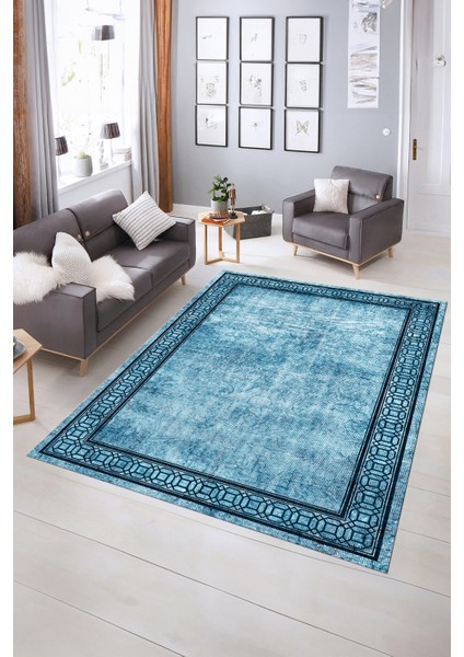 Dijital Baskılı Kaymaz Yıkanabilir Çerçeveli Yolluk Mutfak Salon Halısı, N-Çerçeveli-31-Mavi,