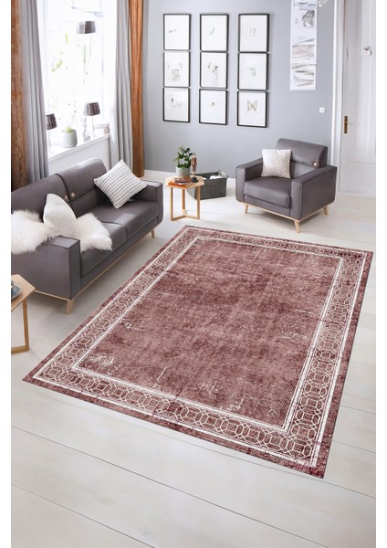 Dijital Baskılı Kaymaz Yıkanabilir Çerçeveli Yolluk Mutfak Salon Halısı, N-Çerçeveli-31-Pembe,
