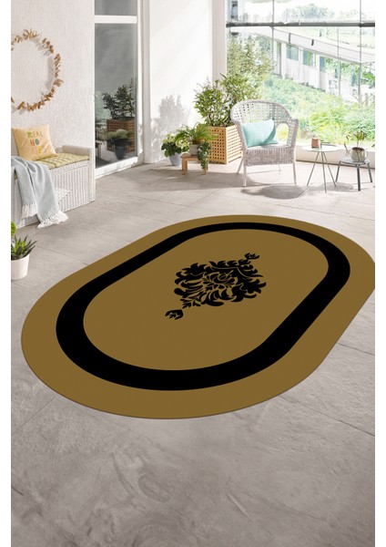 Dijital Kaymaz Yıkanabilir Çerçeveli Oval Yolluk Mutfak Salon Halısı, N-O-Çerçeveli-46-Kahve,