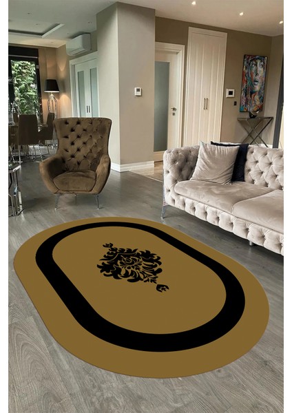 Dijital Kaymaz Yıkanabilir Çerçeveli Oval Yolluk Mutfak Salon Halısı, N-O-Çerçeveli-46-Kahve,