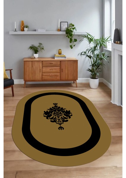Dijital Kaymaz Yıkanabilir Çerçeveli Oval Yolluk Mutfak Salon Halısı, N-O-Çerçeveli-46-Kahve,
